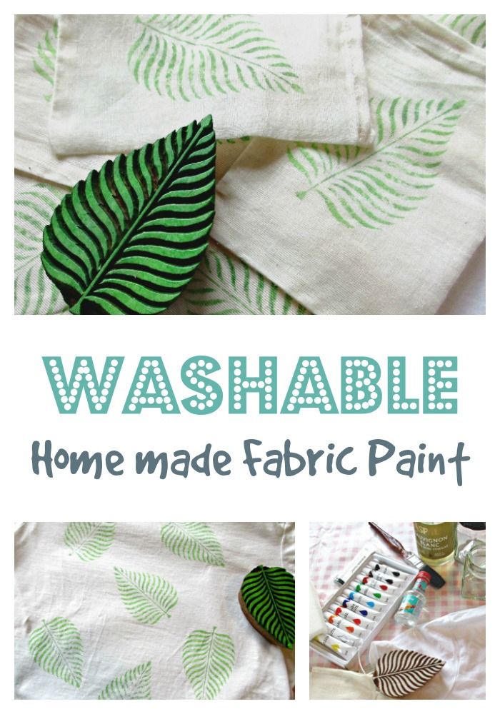 some green leaves and white fabric with the words home made fabric paint