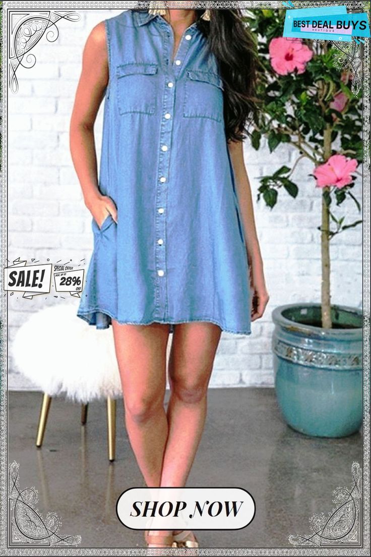 Denim Sleeveless Shirt Mini Dress Casual Cotton Sleeveless Summer Dress, Casual Cotton Sleeveless Dress For Summer, Casual Sleeveless Cotton Dress For Summer, Casual Sleeveless Summer Dress For Day Out, Trendy Sleeveless Denim Top With Pockets, Casual Sleeveless Mini Dress For Summer, Casual Mini-length Sleeveless Dress For Summer, Casual Sleeveless Cotton Sundress, Trendy Sleeveless Cotton Sundress