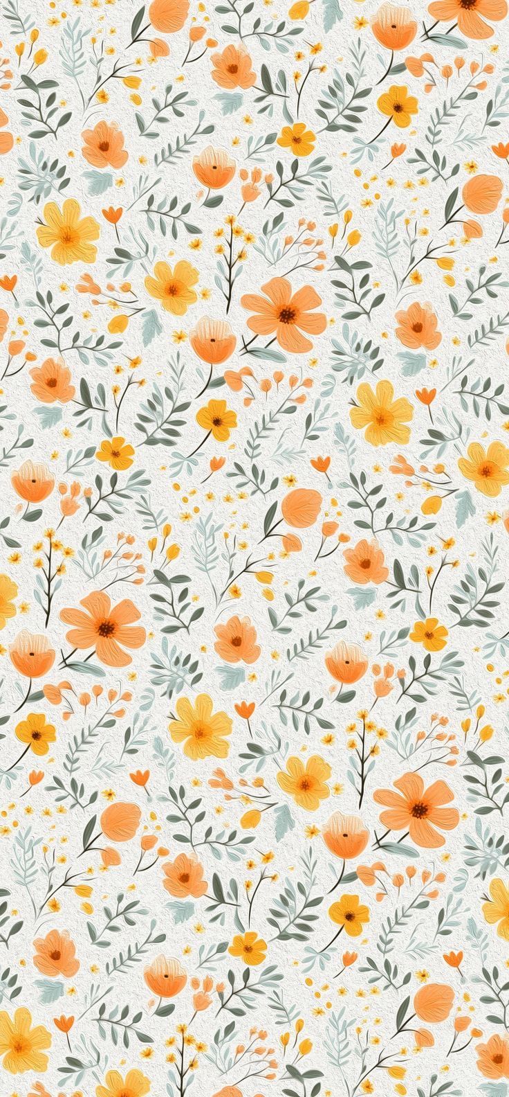 an orange and yellow flower pattern on a white background with green stems, leaves, and flowers