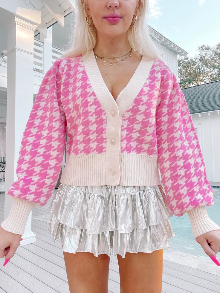 Our Ellison Pink Houndstooth Cardigan is the definition of cute and preppy. This long sleeve candy pink houndstooth cardi features a relaxed fit and button front. content: 52% acrylic, 35% cotton, 13% poly care: hand wash cold Pink Fall Cardigan For Workwear, Pink Fall Cardigan For Work, Plaid Long Sleeve Sweater For Spring, Pink Button-up Sweater For Fall, Preppy Long Sleeve Spring Cardigan, Preppy Long Sleeve Cardigan For Spring, Trendy Pink Fall Cardigan, Pink Button-up Sweater For Work, Trendy Gingham Long Sleeve Outerwear