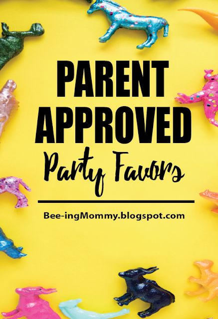 the words parent approved party favors are surrounded by small plastic dinosaurs on a yellow background