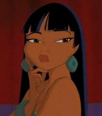 an animated image of a woman with long hair and big earrings on her head, looking at the camera