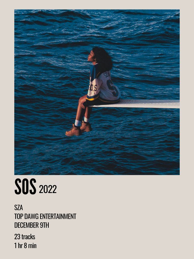 a woman sitting on top of a surfboard in the ocean next to an advertisement for sos