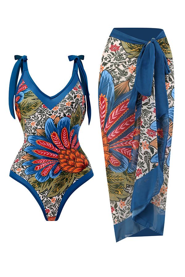 Full of Sunshine Printed Shoulder Tie One-Piece Swimsuit with Midi Cover-up Skirt Womens Tankini Swimwear, Spa Days, Tankini Swimsuits For Women, Long Beach Dress, Printed Tankini, Tankini Swimsuit, Coverup Skirt, Swimwear Tankini, Pool Parties