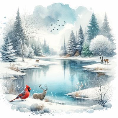 a painting of two deer and a cardinal in the snow by a lake with trees