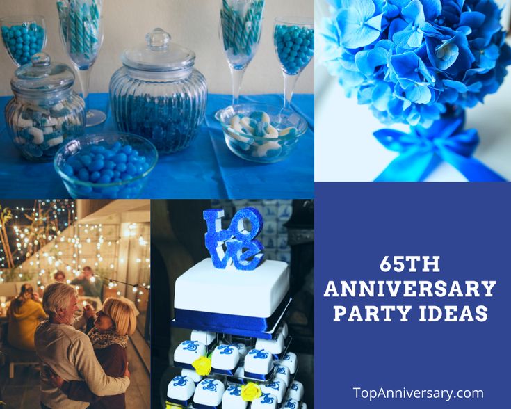 a collage of photos with blue decorations and people in the background text reads 65th anniversary party ideas