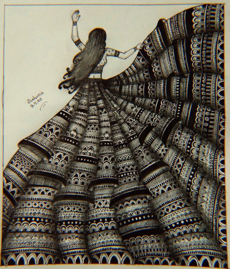 a drawing of a woman in a long dress with her arms outstretched and legs spread out