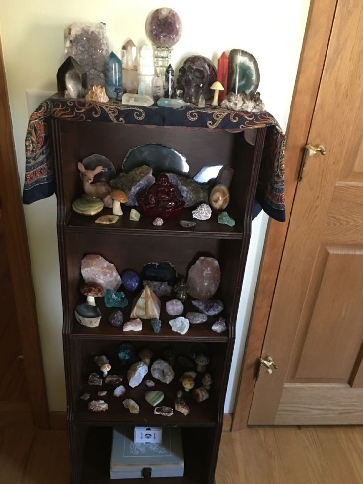 a shelf filled with lots of rocks and other items on top of it in front of a door