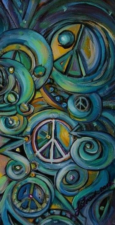 an abstract painting with peace symbols and swirls