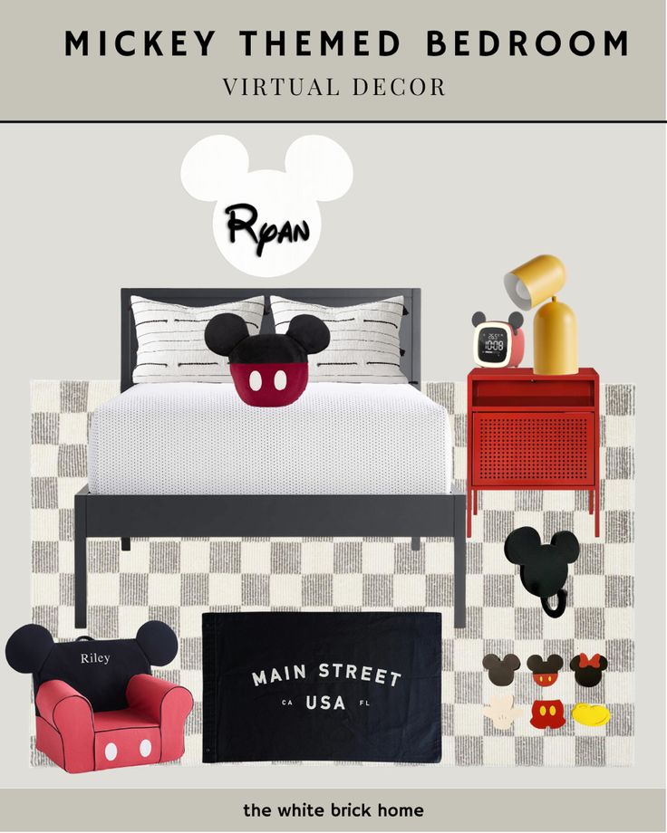 A fully decorated bedroom for a toddler boy or boy who loves Mickey Mouse. A bedroom with a Mickey theme for a boy. A bedroom inspired by Mickey Mouse. Neutral Mickey Mouse Room, Mickey Mouse Bedroom Toddler Boys, Mickey Mouse Bedroom Ideas, Mickey Mouse Bedroom Toddler, Mickey Mouse Bedroom Decor, White With Pops Of Color, Bedroom For Boys, Mickey Room, Disney Kids Rooms