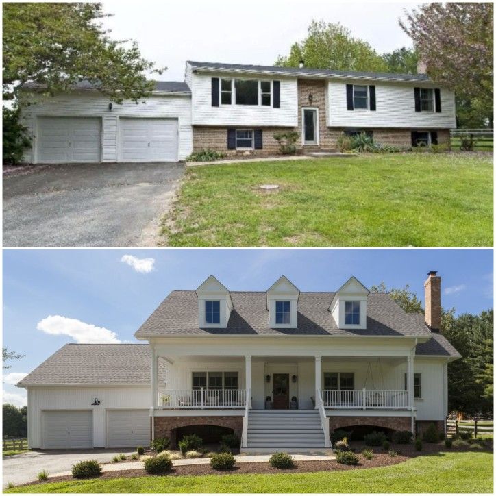 before and after pictures of a house with white siding on the front and side walls