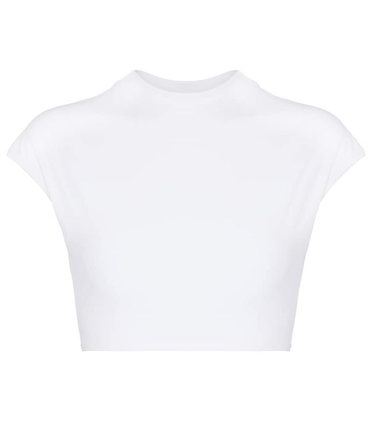 This white crop top is an editor-approved piece from The Attico's Spring/Summer '21 swimwear capsule, which is pre-launching exclusively at Mytheresa. It's made from ribbed stretch-fused jersey, with a crewneck, cap sleeves, and cropped length. Wear it in equal measure in the surf and while strolling the strand. White Cropped T-shirt For Summer In Athleisure Style, Cropped Athleisure Top With Minimal Stretch, Seamless Fitted Cropped T-shirt For Summer, Athleisure Crop Top With Minimal Stretch, White High Stretch Crew Neck Crop Top, Fitted Ribbed Cropped T-shirt For Summer, High Stretch White Crop Top, Sporty Stretch Cropped Shirt For Summer, White Seamless High Stretch Crop Top