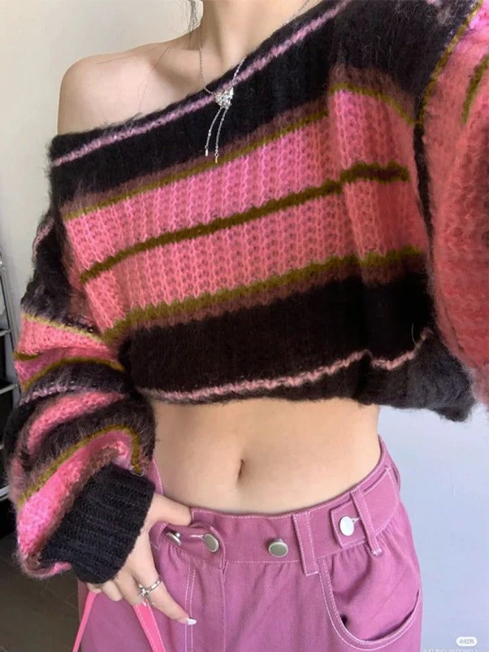 Stripe Splice Short Sweater - AnotherChill Preppy Fabric, Pull Rose, Short Sweater, Mode Crochet, Sweaters Online, Sweater And Shorts, Crochet Fashion, Crochet Sweater, Cute Crochet