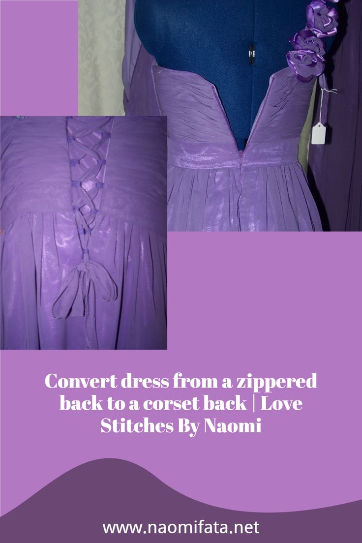 a purple dress with flowers on it and the words, convert dress from a zippered back to a corset back i love stitches by naomii