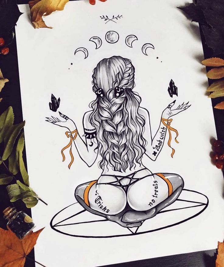 a drawing of a woman with long hair sitting on a plate in front of leaves