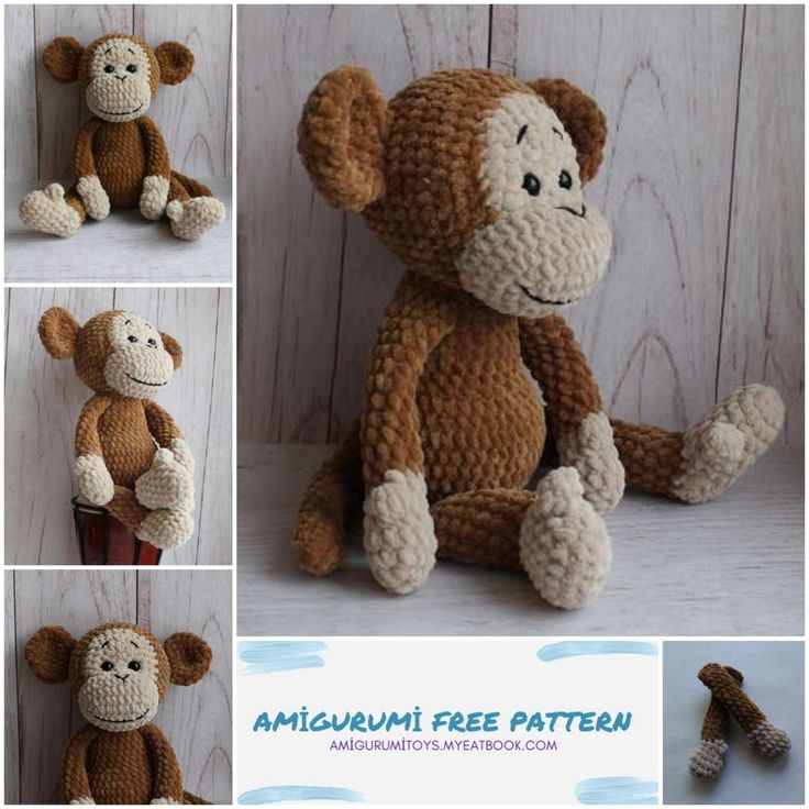 there are four pictures of stuffed animals made out of crocheted yarns, including a monkey and a giraffe