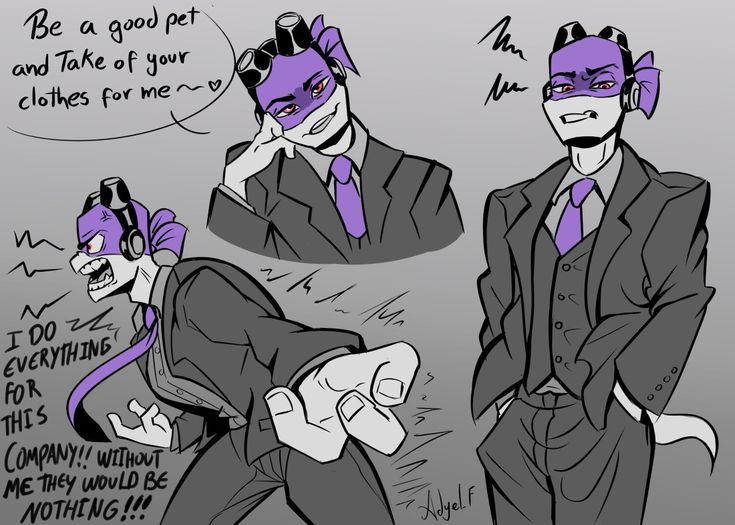 a drawing of two men in suits with purple hair and blindfolds, one is talking on the phone