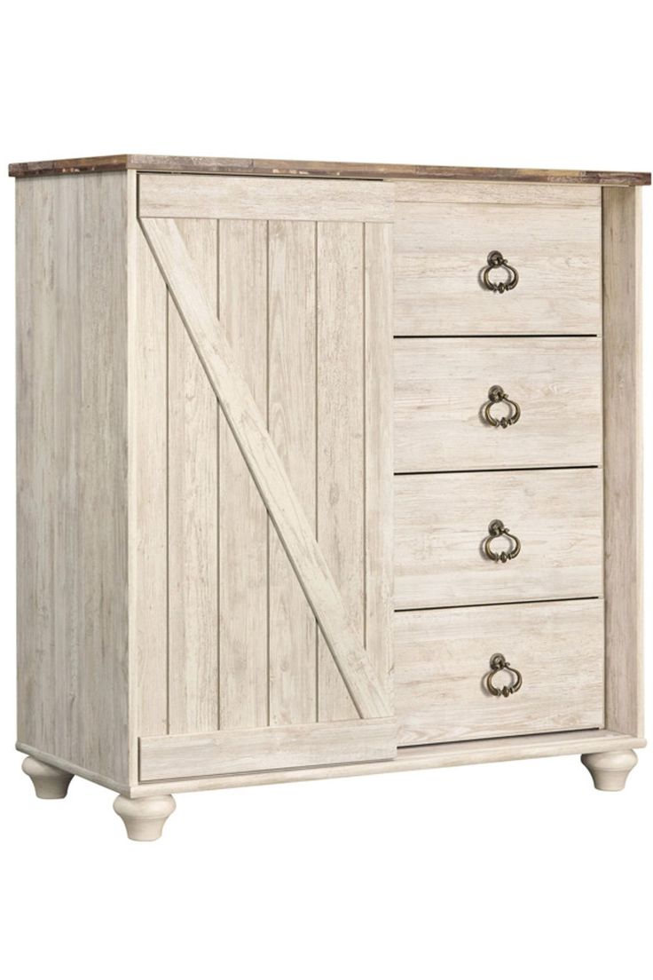 a white dresser with drawers and doors on the top shelf, in front of a white background