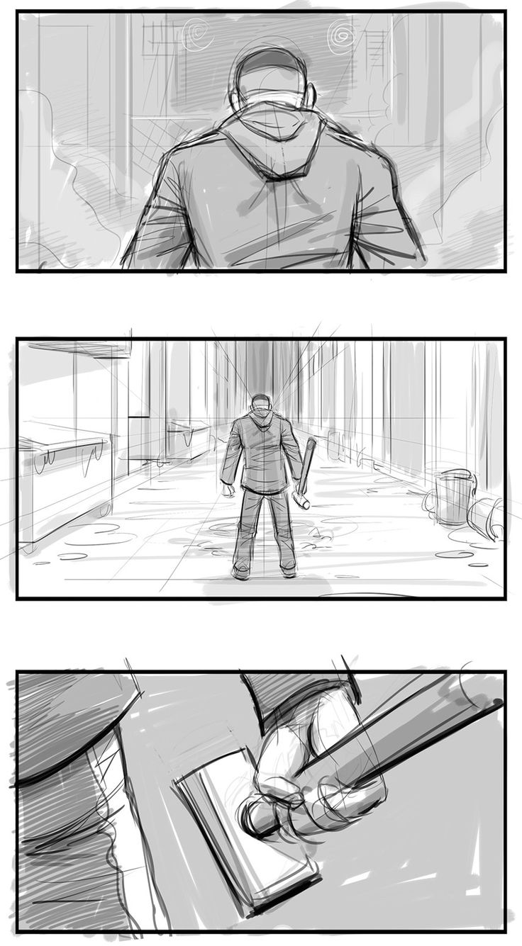 the storyboard shows how to draw an action scene with two different scenes, one in black and white