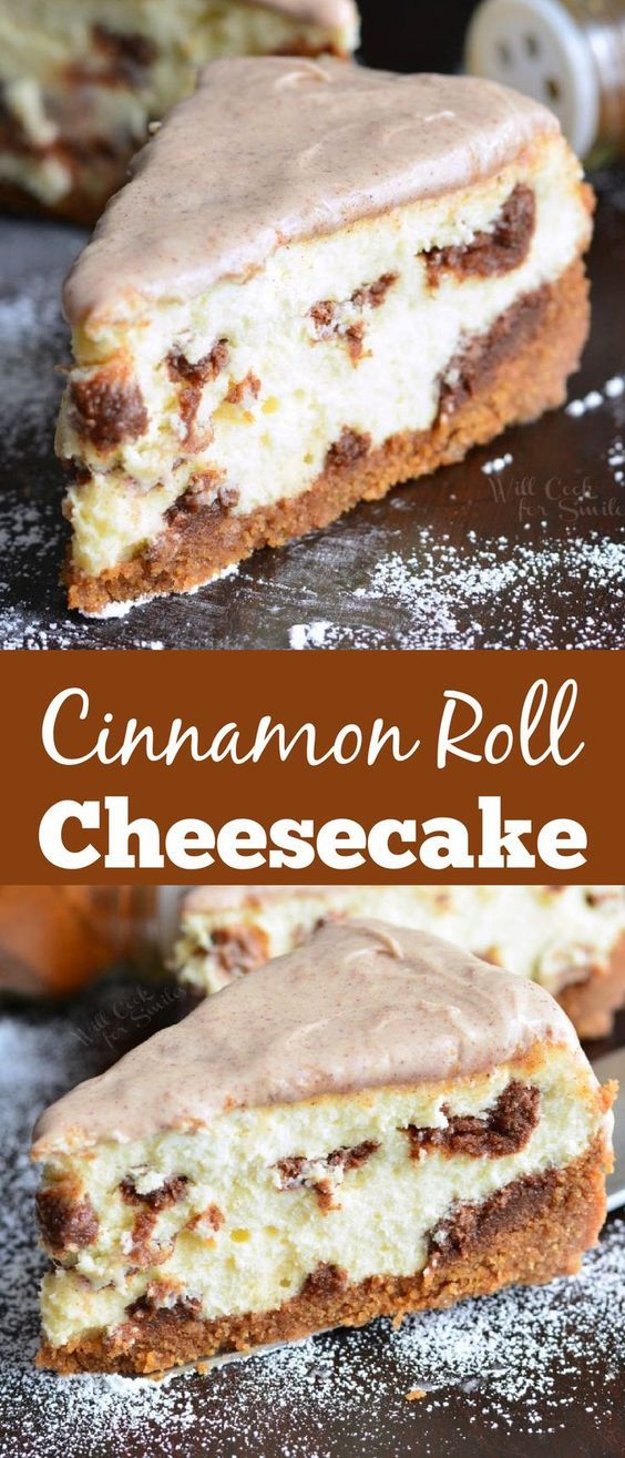 cinnamon roll cheesecake is cut in half and on top of the cake with icing