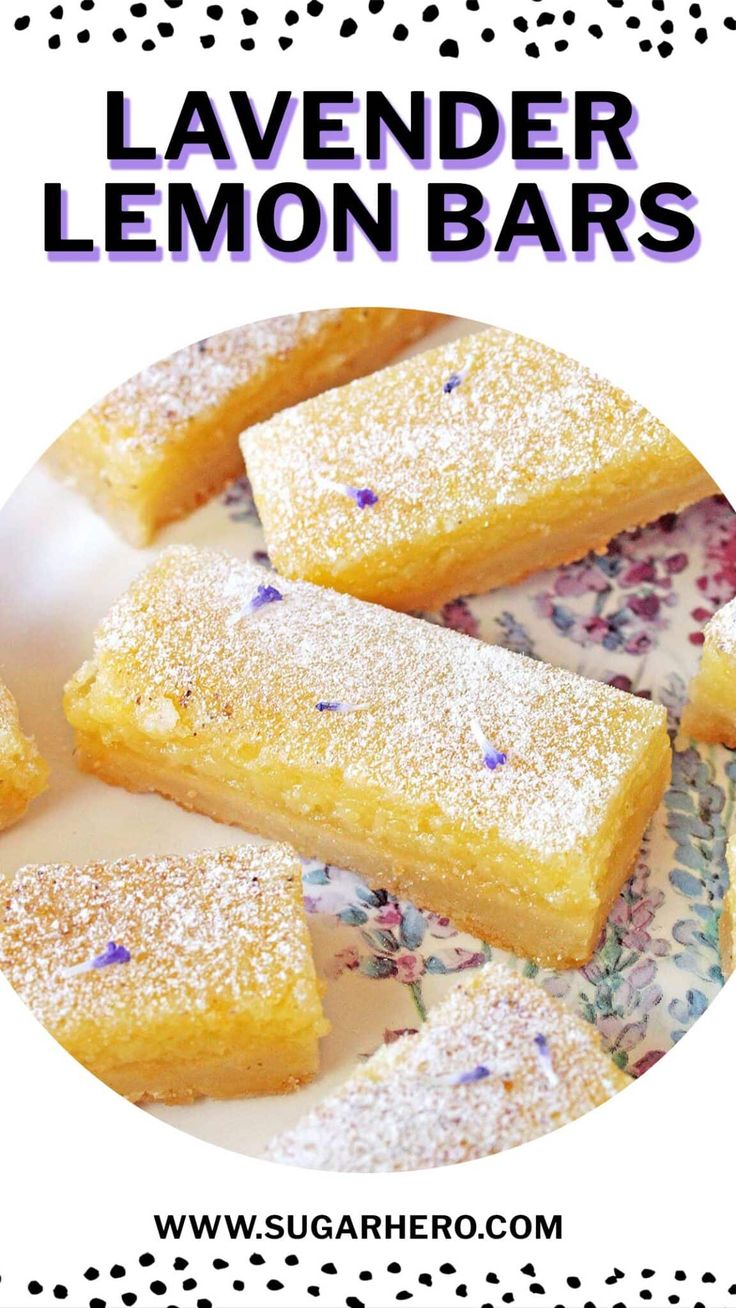 lemon bars on a plate with the words lavender lemon bars in front of it and polka dot background