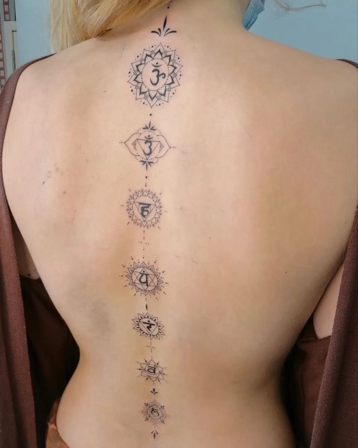 the back of a woman's body with tattoos on it