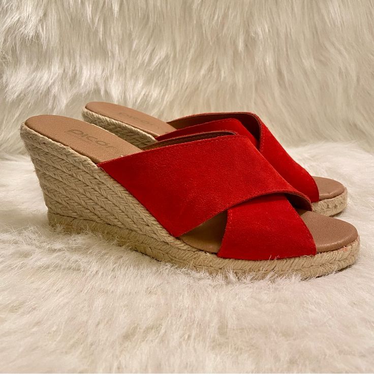 Nwot Picn Genuine Suede Wedge Sandals. Never Worn. Box Not Included. Made In Spain. Sold At Anthropologie. Smoke Free Pet Free Home. Beach Wedge Sandals With Red Sole And Round Toe, Red Slip-on Wedge Sandals For Vacation, Beach-ready Closed Toe Wedge Sandals With Red Sole, Red Slip-on Wedge Sandals For Beach, Red Closed Toe Wedge Sandals For The Beach, Red Open Toe Summer Wedge Sandals, Red Open Toe Wedge Sandals For Summer, Red Summer Wedge Sandals For Vacation, Summer Red Open Toe Wedge Sandals