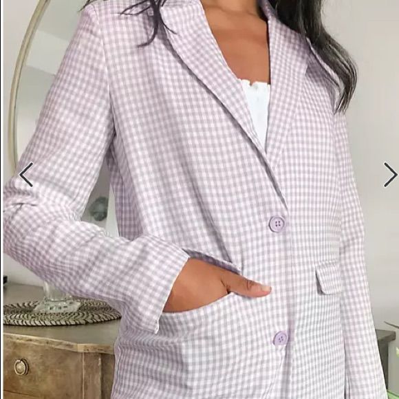 Size 6 Nwt Lilac Blazer From Asos Spring Single Breasted Plaid Blazer, Spring Single-breasted Plaid Blazer, Spring Gingham Blazer For Workwear, Spring Gingham Blazer With Long Sleeves, Spring Purple Blazer With Button Closure, Spring Purple Blazer With Pockets, Casual Purple Blazer With Pockets, Spring Plaid Button-up Blazer, Lavender Long Sleeve Blazer For Spring