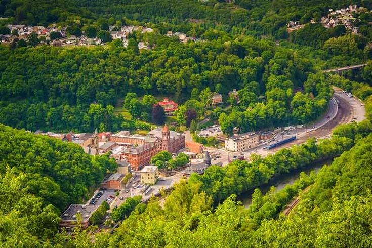 an aerial view of a town surrounded by trees