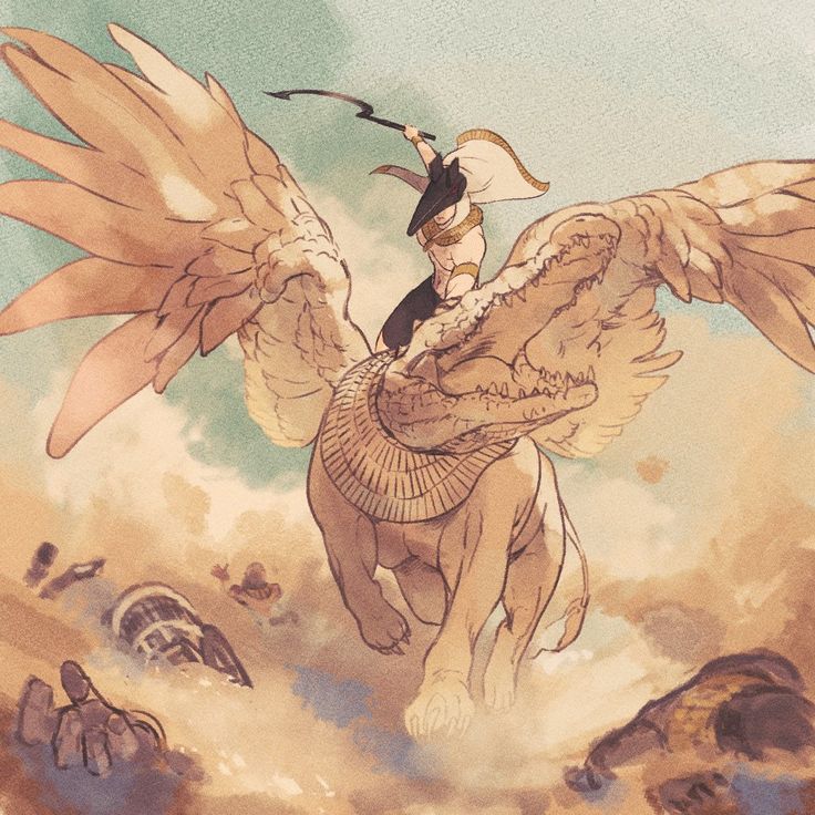 an angel riding on the back of a brown horse with wings flying over it's head