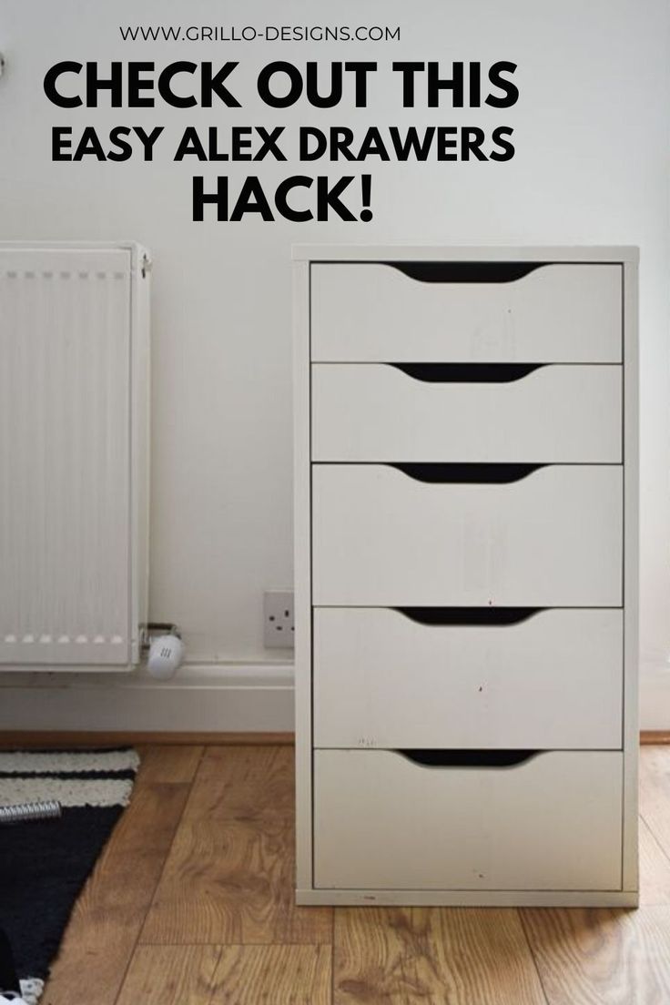 a white dresser sitting next to a radiator with the words check out this easy alex drawers hack