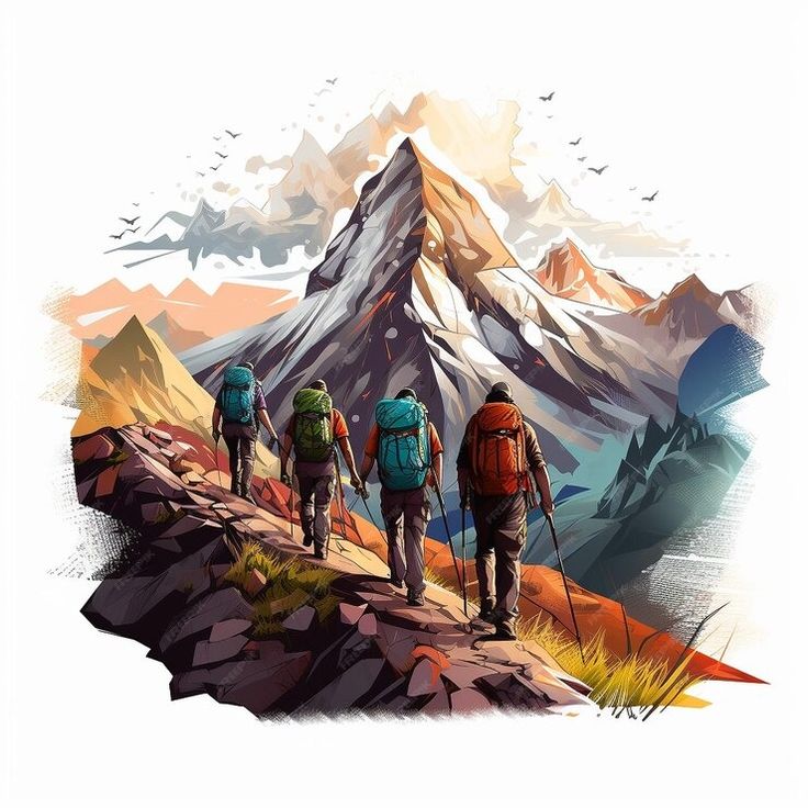 three people with backpacks walking up a mountain