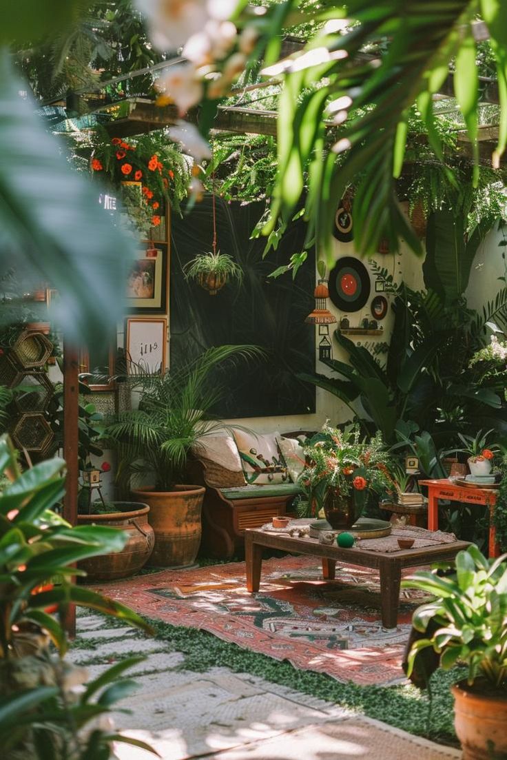 a living room filled with lots of plants and potted plants on top of it