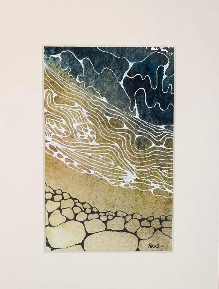 an abstract painting with rocks and water in the foreground, against a white background