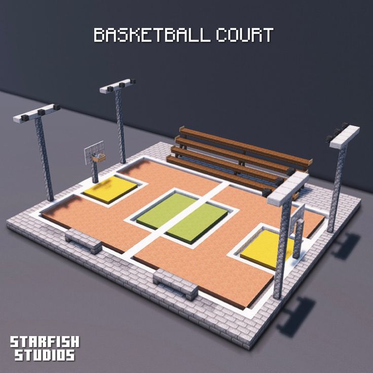 a basketball court with benches and lights around it