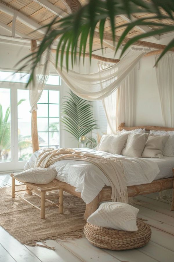 a bed with white linens and pillows in a room next to a large window