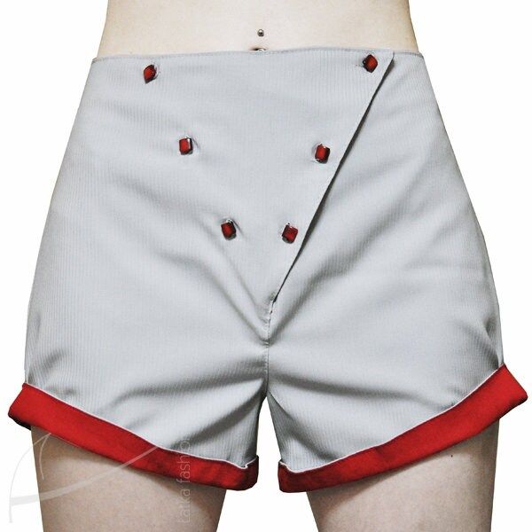 "Envelope design shorts done up  with red small buttons. Size: 38(M) (size of the waist: 70-72 cm, hip size: 92-94 cm). Measurements: length of the shorts legs, measured along inside seam: 8 cm, along side seam: 30 cm, width of the shorts legs: 61 cm. Orders: possible to order in any size, time required to complete order one week.  Textile: wool. Colors: grey and red. Design: envelope, done up with small buttons, wider design legs. Two small pockets in side seams. Height of shorts to the line of Fitted Cotton Shorts With Buttons, Fitted High-waisted Shorts With Button Closure, Fitted High-waisted Shorts With Belt Loops, Fitted Buttoned Shorts, Red Bottoms With Belt Loops And Short Length, Red Shorts With Belt Loops, Red Button Closure Bottoms For Summer, Red Cotton Bottoms With Buttons, Red Summer Bottoms With Button Closure