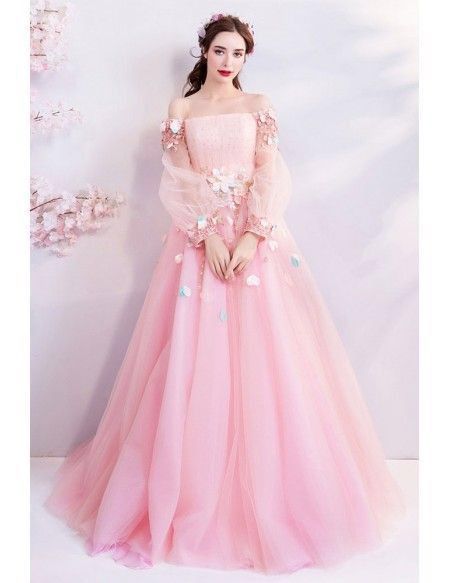 Prom Dress With Long Sleeves, Poofy Prom Dresses, Pink And White Dress, Banquet Dresses, Unique Prom Dresses, Floral Gown, Fairytale Dress, Dress With Long Sleeves, Fairy Dress