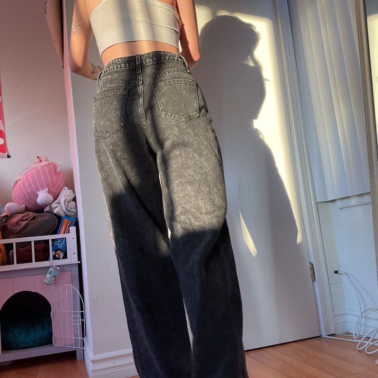 Never Worn Fashion Nova Baggy Black Washed Denim. Very Long Jeans, Recommend For A Taller Person 5’7 Or Someone Who Will Wear Them With Heals Black Wide-leg Denim Bottoms, Black Denim Wide-leg Pants, Hip Hop High Waist Black Jeans, Trendy Baggy Washed Black Bottoms, Black Wide Leg Grunge Bottoms, Baggy Washed Black Hip Hop Bottoms, Casual Washed Black Wide Leg Pants, Casual Wide-leg Washed Black Pants, Washed Black High Waist Baggy Bottoms