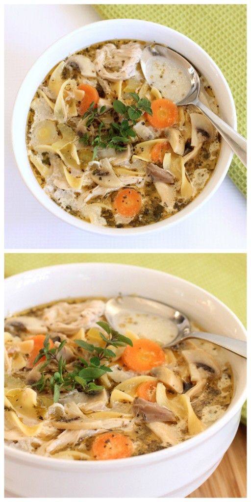 two pictures of soup with noodles and carrots in the same bowl, one is chicken noodle