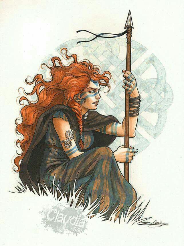 a drawing of a woman with red hair holding a spear