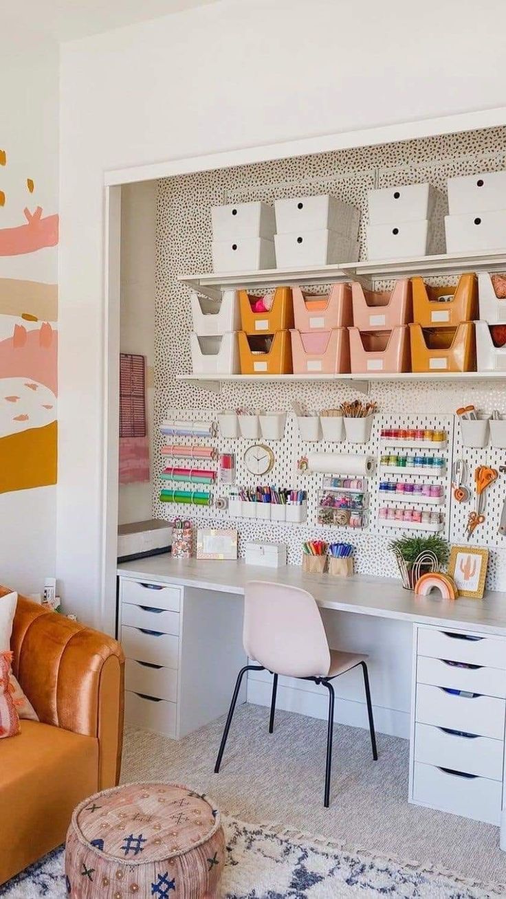 a living room filled with lots of furniture and storage containers on the wall above it