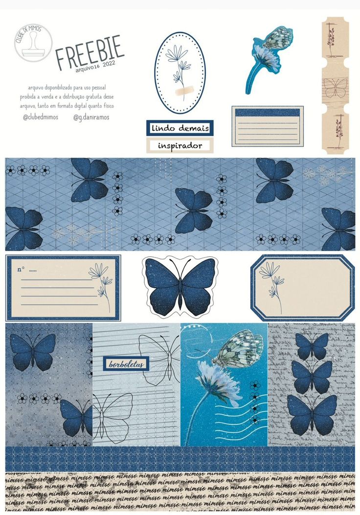 the back side of a blue paper with butterflies on it and some papers attached to it