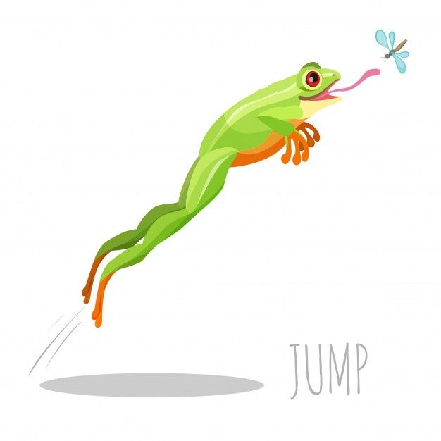 a green frog jumping up into the air