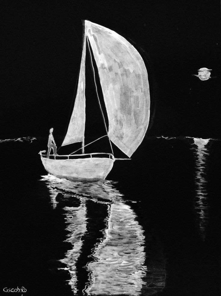 a black and white photo of a sailboat on the water at night with moon in background