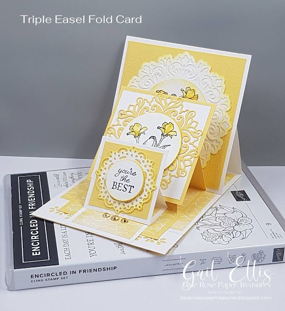 a card with some type of paper on top of it and the words, triple easel fold card