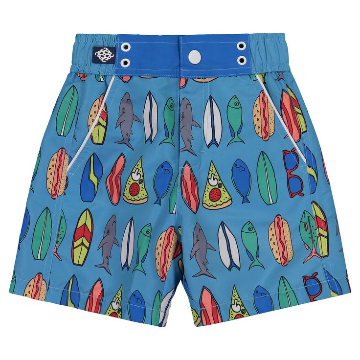 Surf themed swim trunks for little boys from Andy & Evan. Trunks have 3/4 elastic waist, snap and fly front, slash pockets, and a pocket on the back. Toddler Swim, Toddler Swimming, Kids Swim, Boys Swim Trunks, Boys Swim, Printed Swim, Kids Swimming, Swim Bottoms, Swimwear Fashion