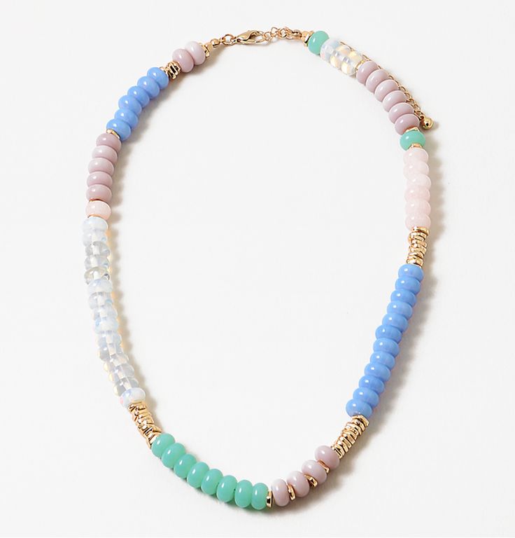 16” + extender Trendy Multicolor Single Strand Jewelry, Trendy Turquoise Necklace With Round Beads, Trendy Multicolor Single Strand Necklaces, Trendy Multicolor Single Strand Necklace, Trendy Multicolor Jewelry With Natural Stones, Adjustable Rainbow Polished Beads Necklace, Rainbow Natural Stones Round Beads Necklaces, Colorful Necklace With Polished Round Beads, Adjustable Rainbow Necklaces With Polished Beads