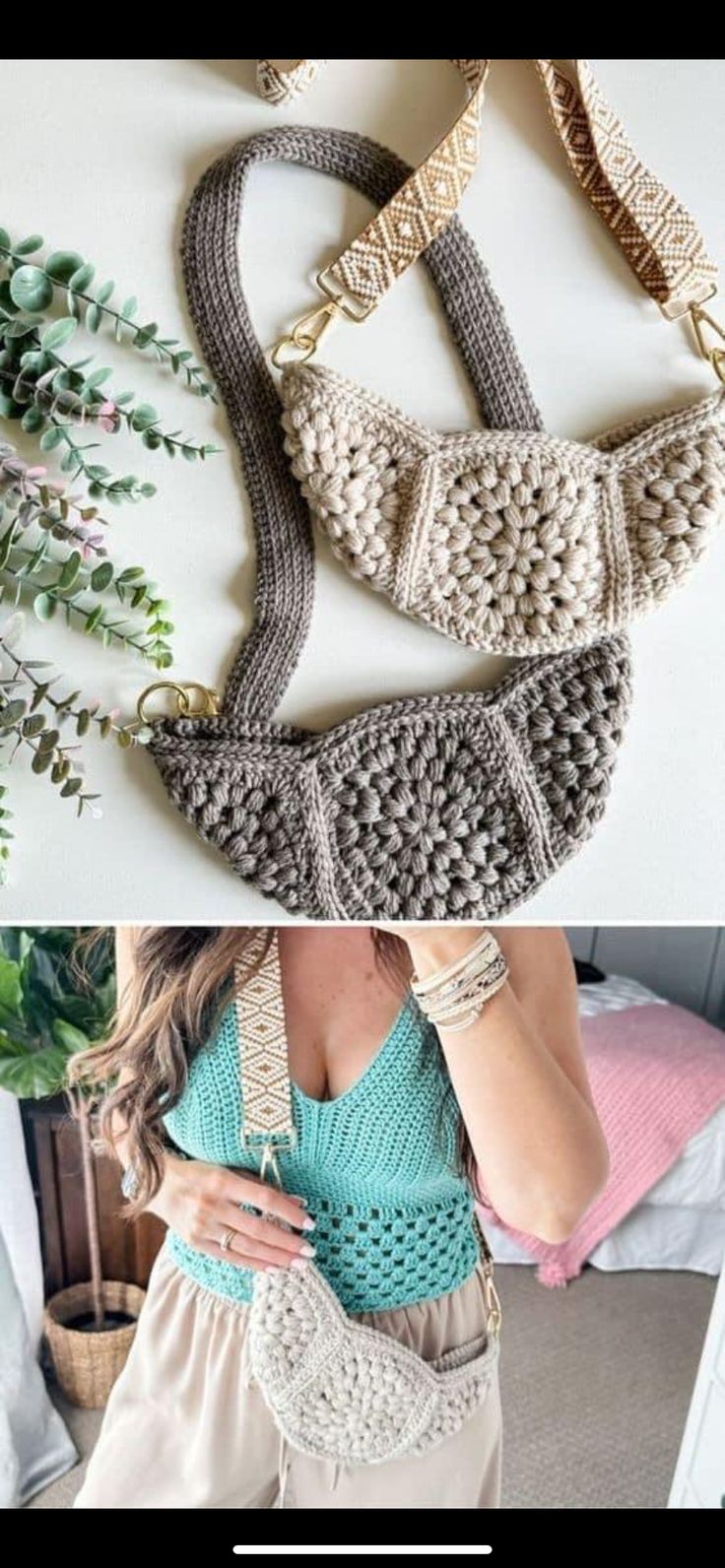 crocheted purses are being displayed in three different pictures