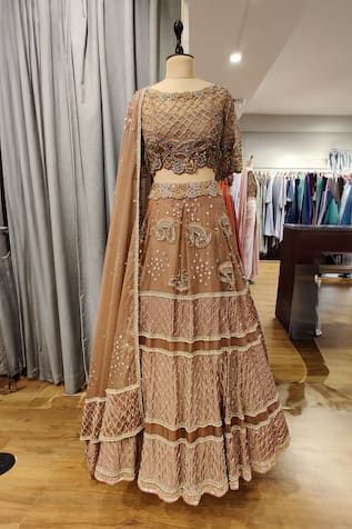 Copper attached cancan lehenga featuring sequin, glass bead hand embroidery in paisley and geometric pattern. Paired with an embroidered, padded blouse and a dupatta. - Aza Fashions Unstitched Hand Embellished Lehenga In Organza, Hand Embellished Georgette Lehenga For Eid, Eid Hand Embellished Georgette Lehenga, Semi-stitched Hand Embellished Lehenga For Eid, Semi-stitched Embellished Lehenga For Transitional Season, Hand Embellished Semi-stitched Lehenga For Eid, Semi-stitched Hand Embellished Sets For Diwali, Transitional Semi-stitched Embellished Lehenga, Hand Embellished Semi-stitched Sets For Diwali